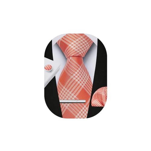 Image of HISDERN Plaid Ties for Men Classic Checkered Tie and Pocket Square Cufflinks Tie Clip Set Woven Men's Necktie Business