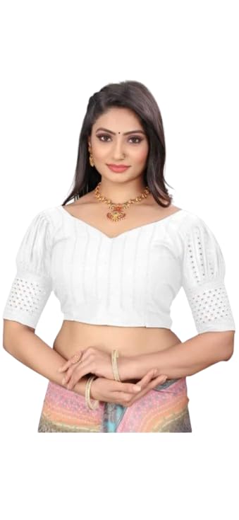 Women's Trending Polycotton Hakoba Blouse with U nack & Puff Sleeve Padded Readymade Stitched Saree Blouse-image-26