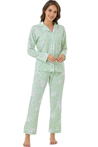 Image of LUBOT 100% Cotton Pajamas for Women Pajama Set 2 Piece PJ Sleepwear Set Soft Ladies Button Knit Long Sleeve Loungewear XS-XXL