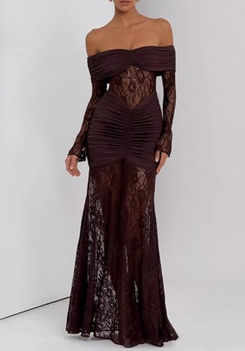 Famnbro Womens Sexy Lace Off Shoulder Dress Long Sleeve See Through Bodycon Elegant Club Party Maxi Dresses3