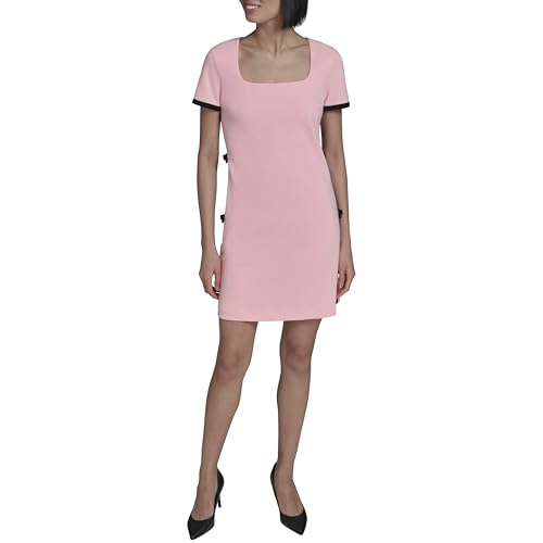 Image of Karl Lagerfeld Women's Short Sleeve Square Neck Bow Embellished Shift Mini Dress