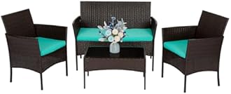FDW 4 Pieces Patio Furniture Set Wicker Patio Conversation Set with Rattan Chair Loveseats Coffee Table for Outdoor Indoor Garden Backyard Porch Poolside Balcony,Brown Wicker/Blue Cushions