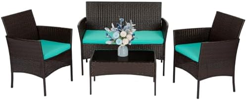 FDW 4 Pieces Patio Furniture Set Wicker Patio Conversation Set with Rattan Chair Loveseats Coffee Table for Outdoor Indoor Garden Backyard Porch Poolside Balcony,Brown Wicker/Blue Cushions
