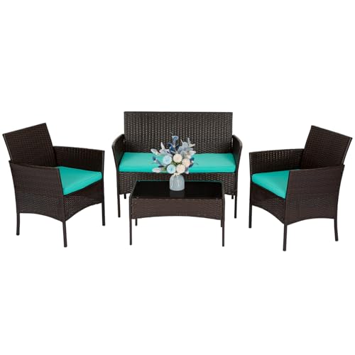 FDW 4 Pieces Patio Furniture Set Wicker Patio Conversation Set with Rattan Chair Loveseats Coffee Table for Outdoor Indoor Garden Backyard Porch Poolside Balcony,Brown Wicker/Blue Cushions