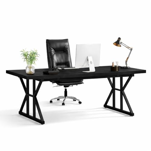 Image of Executive Computer Work Desk | Wooden Office Table for Home, Office, Workstation, Study | Strong Metal Frame Computer Table (Black)
