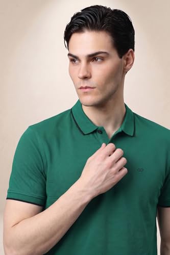 Image of Peter England Men's Snug Fit Solid Polo T-Shirt with Coloured Collar Tipping| Cotton Rich| Premium Pique Weave