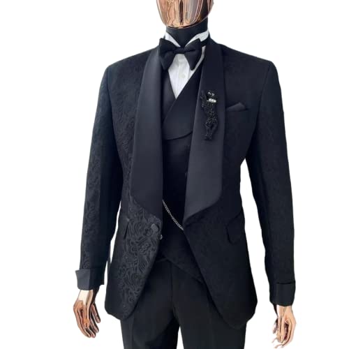 Men's Jacquard Jacket & Vest Black Pants Three-Piece Suit, Shawl Lapel One Button Tuxedos Business Wedding Dinner3