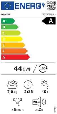Energy label for BRANDT BT37028Q washing machine, showing Class A energy efficiency, 7kg capacity, 44 kWh/100 cycles, 78 dB noise level.