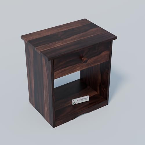 Image of Jangid Handicraft Solid Sheesham Wood Bedside Table with Drawer | Nightstand for Bedroom, Living Room & Home Decor | Wooden Side Table with Storage Shelf & Drawer, Walnut Finish