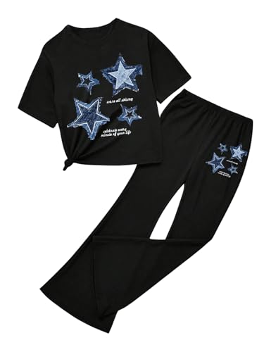 Image of SweatyRocks Girl's 2 Piece Outfits Y2k Star Graphic Short Sleeve T Shirt and Flare Pants Set Black 12Y