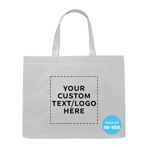 DISCOUNT PROMOS Custom Jumbo Sized Tote Bags Set of 10/50/100, Personalized Bulk Pack - Reusable Grocery Bags, Shopping Bags, Promotional Item Totes for Women - White