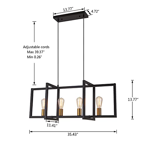 Heircido Pendant Light Fixtures For Kitchen Island, Modern Rectangle Chandelier Pendant Light, Industrial Farmhouse Hanging Ceiling Light Fixtures, Height Adjustable (4 Lights-Black & Gold) #TOP5
