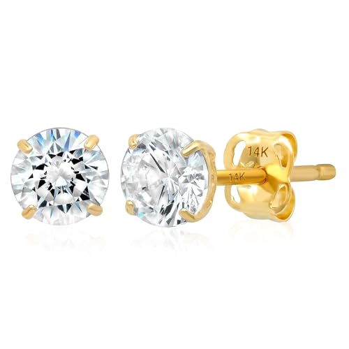 14K Yellow Gold Stud Earrings for Women Men with CZ | Real 14K Gold Cubic Zirconia Stud Earrings with Secure Butterfly Backs | Anti-Tarnishing CZ Earring Size 6MM by MAX + STONE