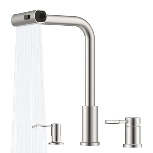 Waterfall 3 Hole Kitchen Sink Faucet with Separate Handle and Soap Dispenser, Brushed Nickel AJO Bend Stainless Steel Pull Down Faucets for Kitchen/Bar/RV Sink, Single Handle 360° Swivel
