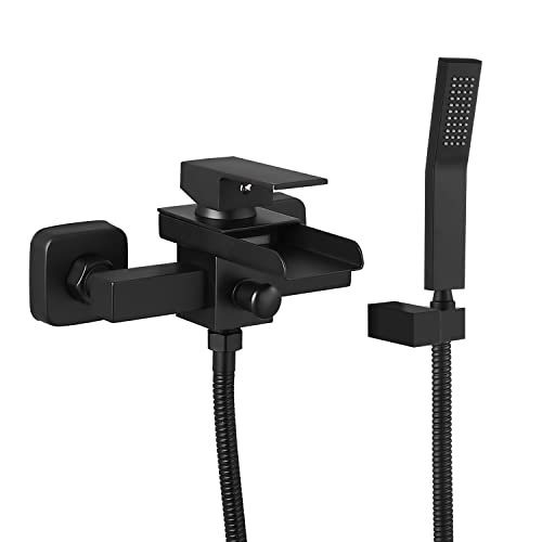 Airuida Matte Black Wall Mount Bathtub Faucet With Handheld Shower Sprayer Waterfall Spout With Single Handle Tub Filler Tub Faucet Hot and Cold Water Mixer Tap Shower