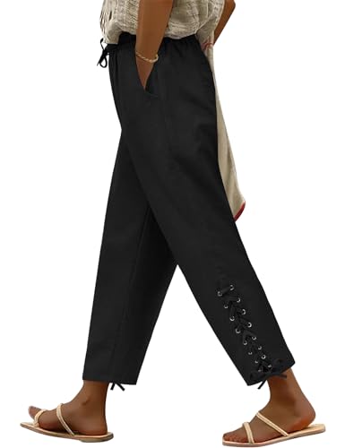 Oleda Linen Pants for Women Casual Capri Pants Elastic Waist Straight Leg Harem Pants Lightweight Trousers with Pockets Black