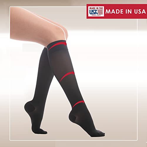 Image of Medicella Premier Closed Toe Knee High Compression Socks for Women 20-30 mmHg Made in USA Medical Quality Sheer Firm Pressure Support Circulation & Travel (X-Large, Black)