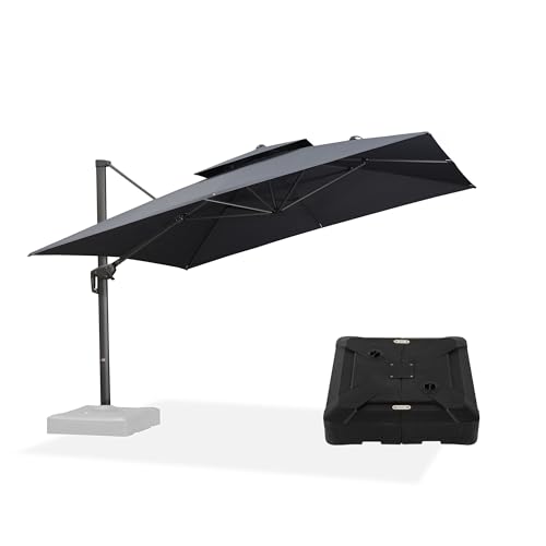PURPLE LEAF 12ft Patio Umbrella with Base Large Outdoor Square Umbrella Deluxe Hanging Double Top Cantilever Offset Market Umbrella Windproof Garden Umbrella Grey