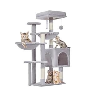 Taoqimiao Cat Tree, 39.4-Inch Cat Tower for Indoor Cats,Suitable for Kittens,Plush Cat Condo with 5 Scratching Posts, Plush Perch,2 Hammock,Pompoms, MS019W Light Gray