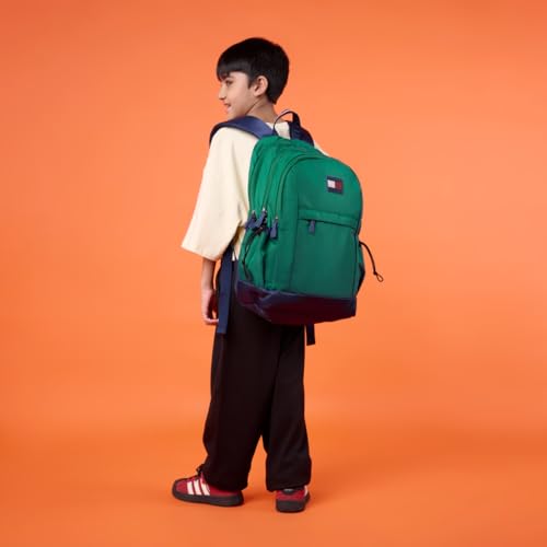 Image of Tommy Hilfiger Professional School Backpack Stud - Ornamental Green+Navy | Durable Water-Resistant Bag for Teens with Signature Metal Logo | 3 Compartments | Integrated Rain Cover | 30L Capacity