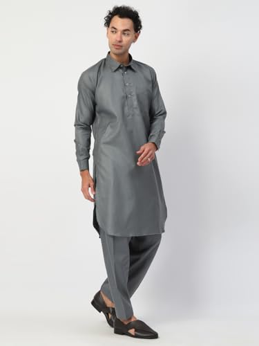 Image of Men's Traditional Pathani Kurta Salwar Set, Red, Long Sleeve, Collared Neck, Cotton Blend, Ethnic Wear