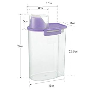 Pet food storage container with measuring cup pour spout and seal buckles food dispenser for dogs cats purple 2 5l   cucciolini doodles