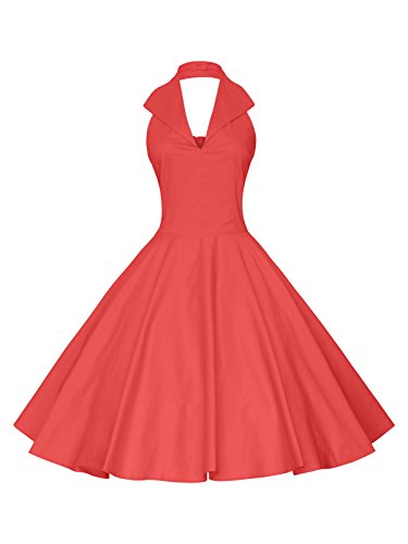 Maggie Tang Women's 1950s 60s Vintage Rockabilly Halter-Neck Swing Dress Red M