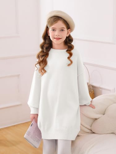 Image of Haloumoning Girls Sweater Dress Casual Crewneck Knit Long Sleeve Fall Winter Dress Pullover 5-14Y White