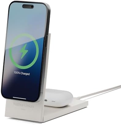 Native Union Rise 2-in-1 Magnetic Wireless Charger – Qi2 Certified & MagSafe Compatible – 15W Fast-Charging Foldable Charging Stand for iPhone 16/15/14/13 with Wireless Pad for AirPods Pro (Sandstone)