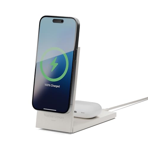 Native Union Rise 2-in-1 Magnetic Wireless Charger – Qi2 Certified & MagSafe Compatible – 15W Fast-Charging Foldable Charging Stand for iPhone Air, 17 with Wireless Pad for AirPods Pro 3 (Sandstone) by Native Union - Used condition - US$41.97