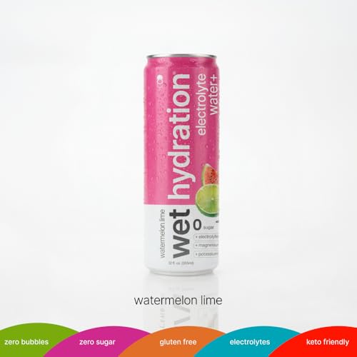 Image of Wet Hydration | Functional Wellness Water, Non-Carbonated - Watermelon Lemon Lime (12 Ounce Cans, Pack of 12) - Flavored Water, Hydration Drink, No Sugar, No Artificial Ingredients, Zero Calories