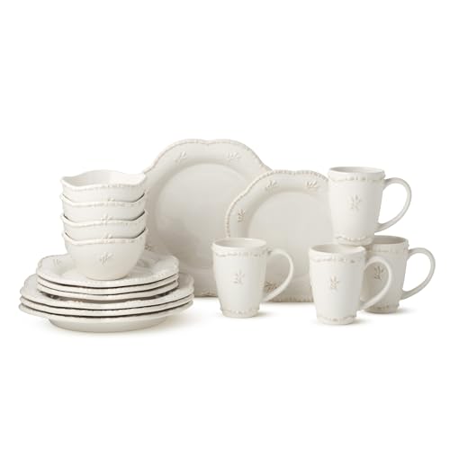 Heritage Beads 16pc Stoneware Dinnerware Set – Classic Cream White Plates, Bowls & Mugs with Raised Bead Accents – Elegant Vintage-Inspired Tableware, Service for 4, Dishwasher Safe