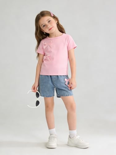 Image of Azmxynol Kid Girls Clothes Outfits Bowknot T-Shirt + 2 In 1 Denim Short Skort Summer Clothing Set, Size 4-10 Years