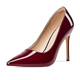 Elisabet Tang Women's High Heels Pumps Closed Pointed Toe Stiletto 4inch Heels Classic Office Special Dressy Wedding Pump Shoes Wine Red Patent 9