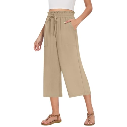 Capri Pants for Women Elastic Waist Wide Leg Pants Summer Casual Quick Dry Trousers with Pockets for Walking