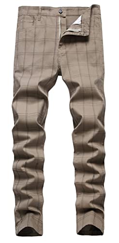 Image of Men Checked Tartan Suit Trousers Slim Fit Dress Pants Plaid Chinos Khaki 36