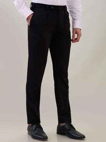 Image of Raymond Men Super Slim Fit Solid Pattern Terry Rayon Blend One Pleat Formal Trouser Black