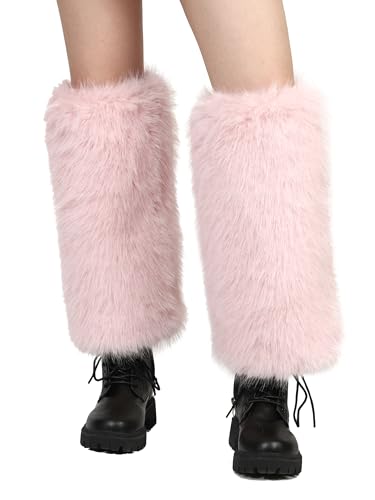 LA CARRIE Women Fuzzy Faux Fur Leg Warmers Fluffy Winter Long Foot Cuffs Furry Boot Socks(Pink)