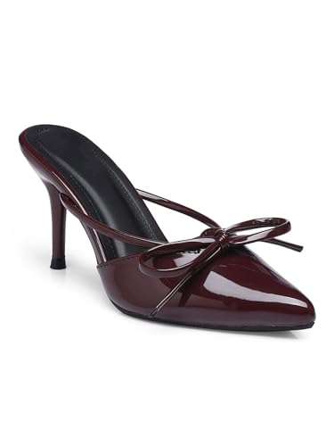 Image of Women's Wine Red Patent Leather Stiletto Heels Pointed Toe High Heel Pumps with Stylish Bow Elegant Dress Shoes for Party or Wedding