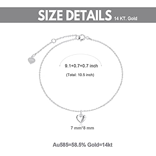 14K White Gold Heart Anklet For Women, Love Ankle Bracelet Foot Jewelry Gifts For Her, 9-11 Inch #TOP1