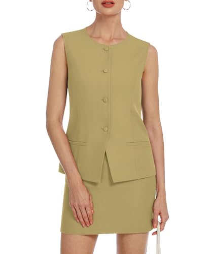 Womens 2 Piece Blazer Outfits Summer Vest Suit Short Skirt Sets Business Casual Button Down Vest Work Matching Set Mustard Yellow M