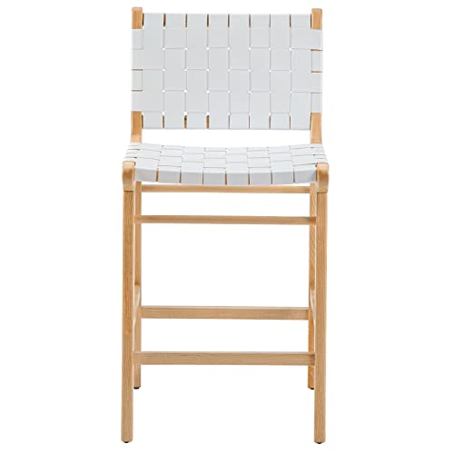 Counter Height Bar Stools Set Of 2,Fully Assembly Cowhide Leather Woven Strips Counter Stool, 25.6" Premium Ash Wood Barstools Farmhouse Modern Kitchen Stool Island Bar Chair, White And Natural Frame #TOP2