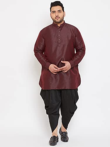 Image of VASTRAMAY Men's Silk Blend Solid Plus Kurta And Dhoti Set - Classic Ethnic Attire for Cultural Celebrations | Curved Hem Kurta With Contrast Cowl Dhoti Set