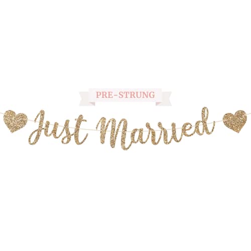 Pre-strung Just Married Banner - No DIY - Gold Glitter Wedding Party Banner in Script - Pre-strung...