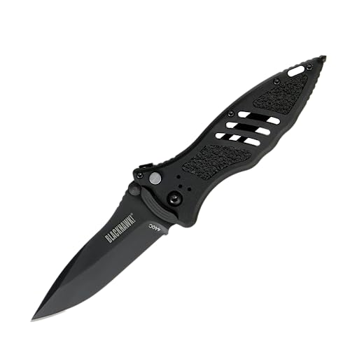 Bear & Son Blackhawk Small Button Lock Folding Knife, 3-1/4” D2 Tool Steel, Seatbelt Cutter and Glass Breaker (BH15M201BK)