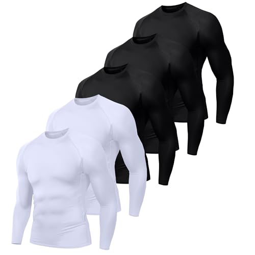 Image of Holure Men's (Pack of 5) Cool Dry Compression Long Sleeve Sports Baselayer T-Shirts Tops Black/Black/Black/White/White 5P01-2XL