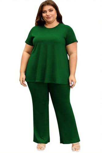 YeGine Women Plus Size 2 Piece Outfits Casual Short Sleeve Tunic Top and Flare Pants Oversized Lounge Sets Tracksuit Dark Green 3XL