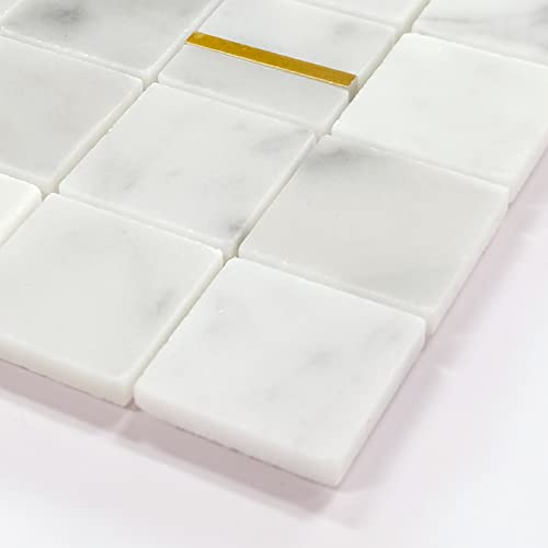 The Tiles Plaza Peel And Stick Stone Mosaic Backsplash Tile. White Carrara Marble With Gold Metal Self Adhesive Tile, Square Stick On Tile For Kitchen Bathroom Fireplace, 5 Sheets #TOP1