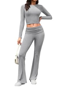 Yuson Girl Zweiteiler Damen Lounge Set Weich Hausanzug Freizeitanzug Langarm Crop Top Elastische Taille Schlaghosen 2 Teiler Loungewear Damen Set Y2K Outfit Casual Sportanzug(Hellgrau, M)