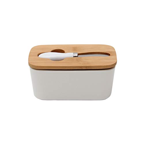 Liangzishop Burriere Piatto Burro Ceramica con bambù Coperchio, Burro Keeper Contenitore con Coltello da Burro Food Storage Candy Box, di Ceramica Bianco Lettera Inglese Burro Piatto Nero (Color : B)